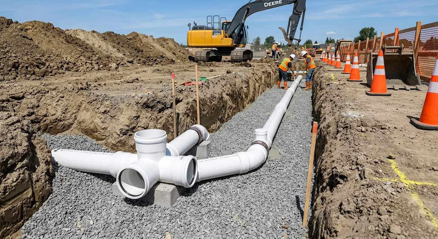 New PVC sewer pipe installation in open trench for Commercial Drain Cleaning in Town of Pecos