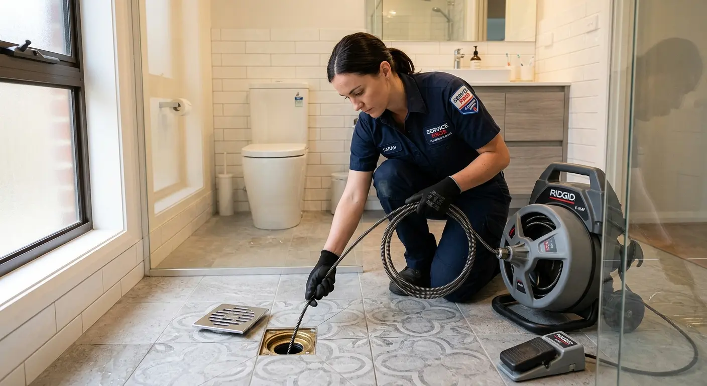 Technician clearing a bathroom floor drain for Clogged Drain Repair in Town of Pecos